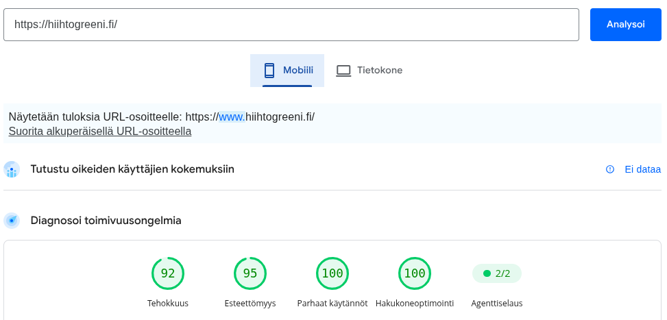 Next.js-sivuston PageSpeed-analyysi migraation jälkeen
