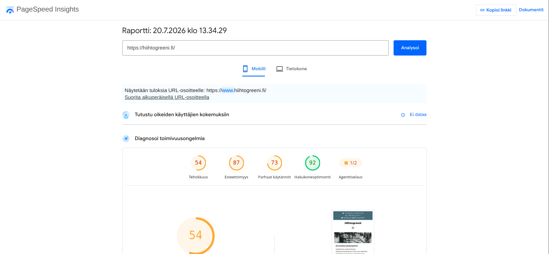 WordPress-sivuston PageSpeed-analyysi ennen migraatiota